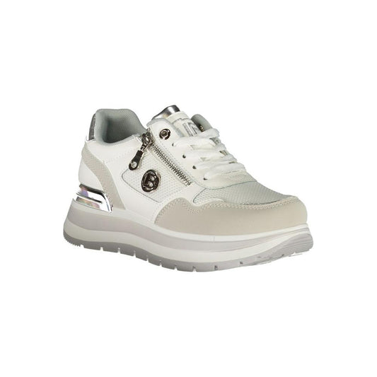 Laura Biagiotti white polyester women's sneaker with side zip, lace-up, and contrasting details for stylish athleisure wear.