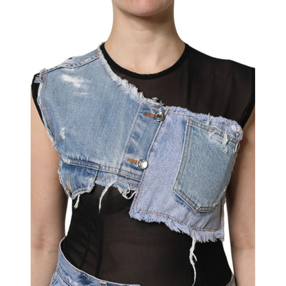 Dolce & Gabbana Black Blue Sleeveless Denim Mini Dress