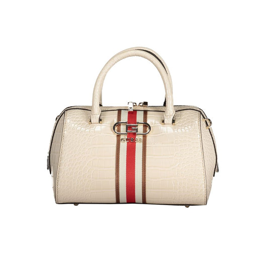 Guess Jeans beige polyethylene handbag with two handles, adjustable shoulder strap, protective feet, and contrast details.