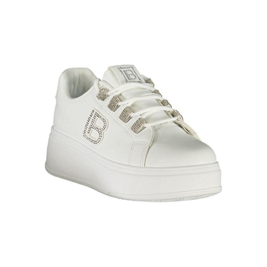 Laura Biagiotti white polyester women sneaker with rhinestones and embroidered logo on 4 cm wedge sole for chic comfort.