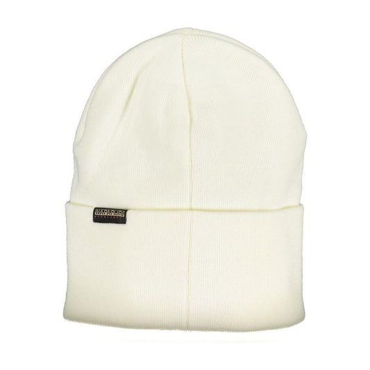 Napapijri white acrylic hat with logo application, stylish and warm design for winter fashion.