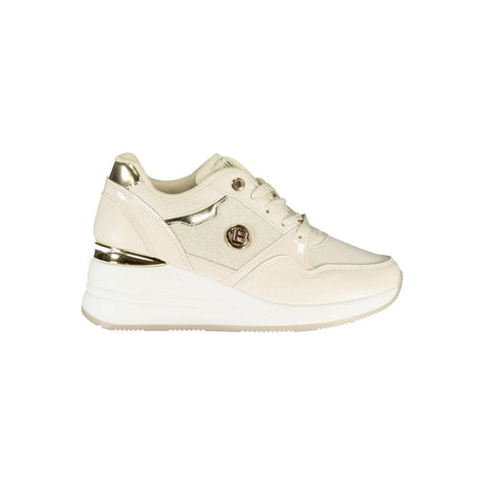 Laura Biagiotti beige synthetic women's sneaker with embroidery and logo, featuring a sporty 4cm heel and contrasting design details.