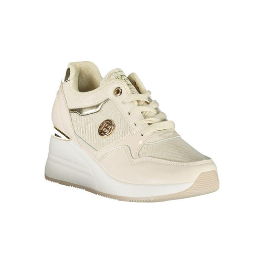Laura Biagiotti beige synthetic women's sneaker with embroidery, sporty 4cm heel, and removable insole showcasing chic comfort.