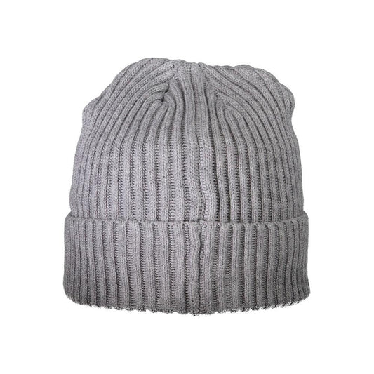 Gray knitted beanie hat with ribbed design suitable for winter and casual outings.
