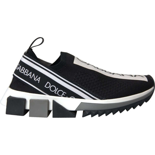 Dolce & Gabbana Sorrento black white slip-on sneakers with logo print and rubber sole.
