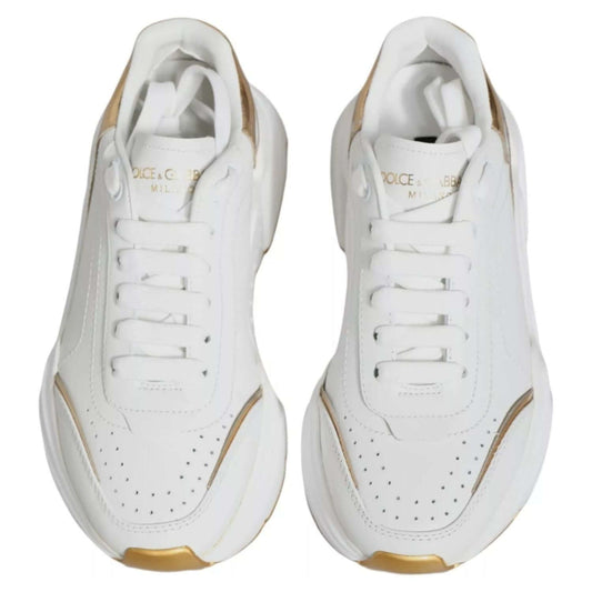 Dolce & Gabbana Daymaster sneakers, white and gold, calf leather, rubber sole, lace-up, logo details, made in Italy, exclusive shoes.
