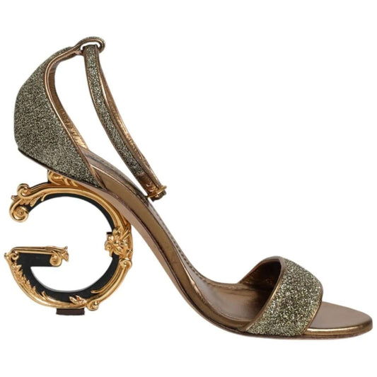 Dolce & Gabbana Gold Lurex Ankle Strap Heel Sandals with Logo Detail, Elegant Design, Made in Italy, Gold Color, High Craftsmanship