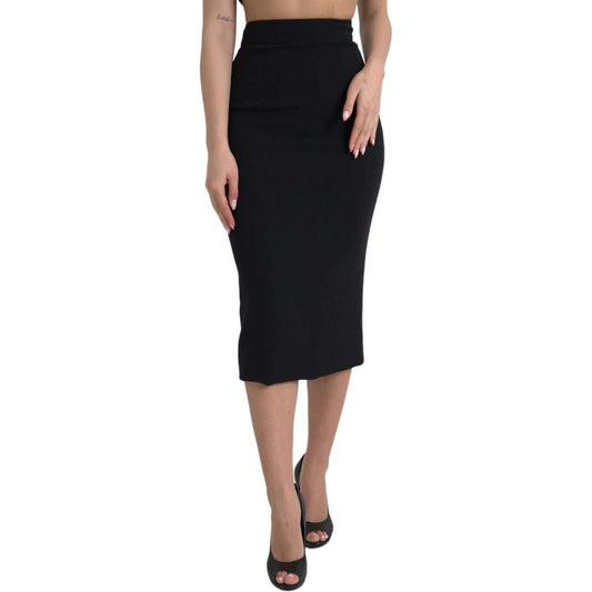Dolce & Gabbana black wool high waist pencil cut midi skirt with back zipper, featuring minor thread pulls, party wear fashion.