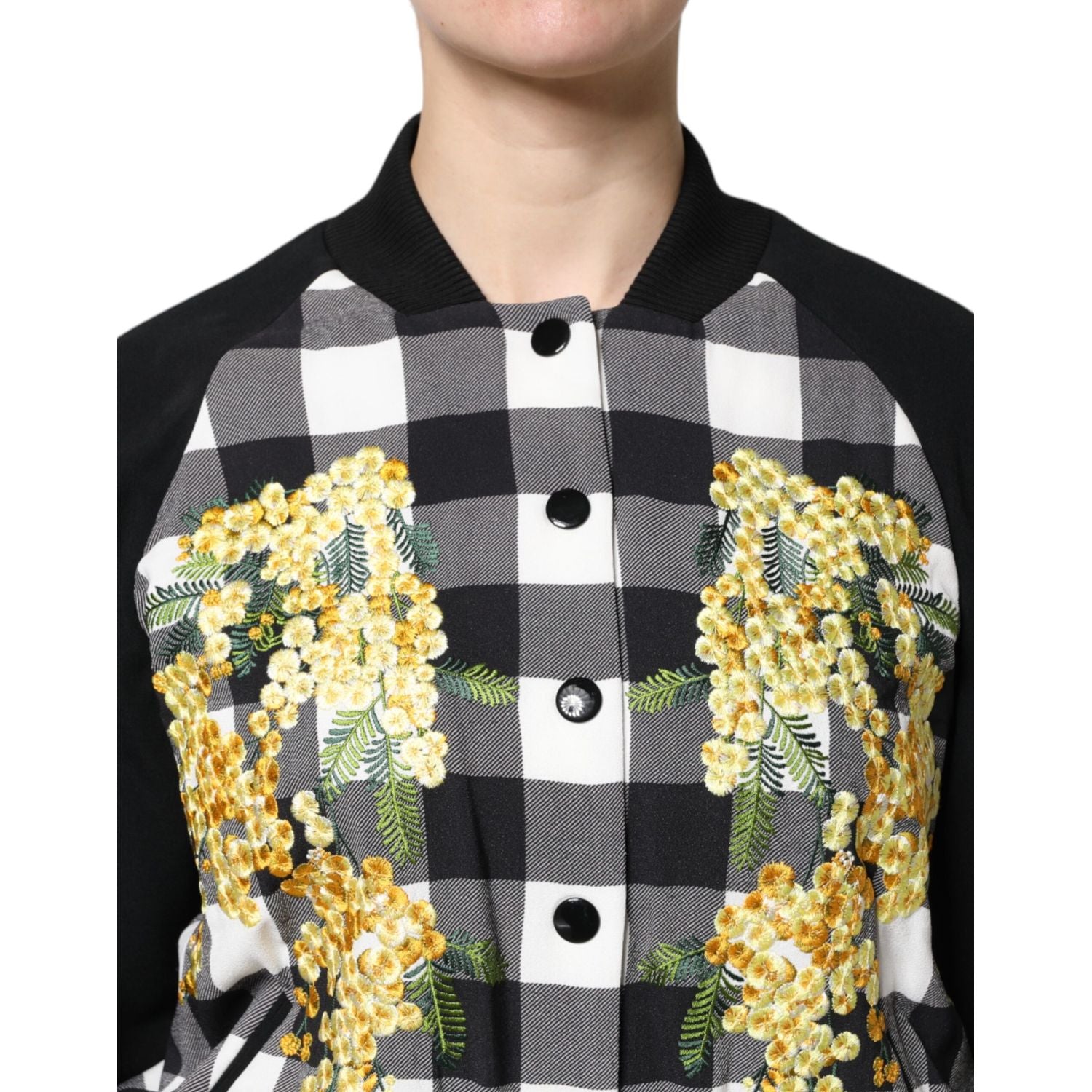 Dolce & Gabbana Black White Check Floral Button Down Jacket