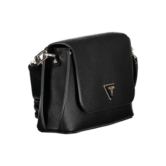 Guess Jeans black polyethylene handbag with adjustable strap, internal pocket, contrast details, and logo on the front.