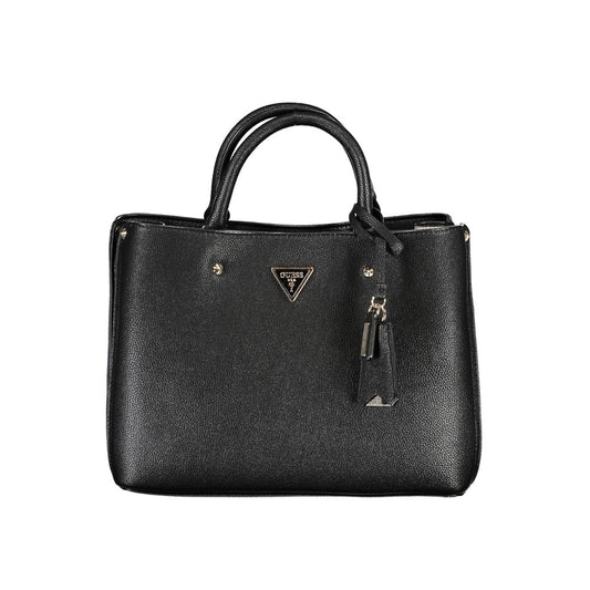 Black Guess Jeans handbag with dual handles, adjustable strap, and logo detail, featuring multiple compartments and protective feet.