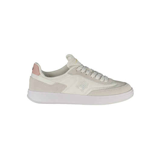 Tommy Hilfiger white polyethylene women's sneaker with pink accents and iconic embroidery, designed for comfort and modern style.