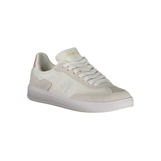 Tommy Hilfiger white polyethylene women's sneaker with pink accents and iconic embroidery, perfect for fashion-forward comfort.
