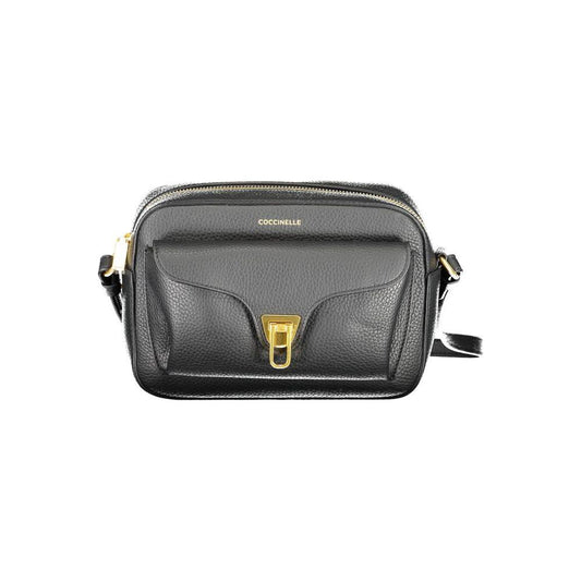 Coccinelle black leather handbag with adjustable strap and external pocket, featuring signature logo and gold hardware for a luxurious touch.