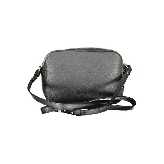 Coccinelle black leather women's handbag with adjustable strap and external pocket, featuring a secure zip and magnetic snap closure.