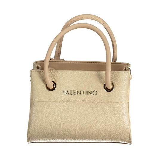 Valentino Bags beige polyethylene handbag with two handles and logo, featuring removable shoulder strap and multiple compartments.