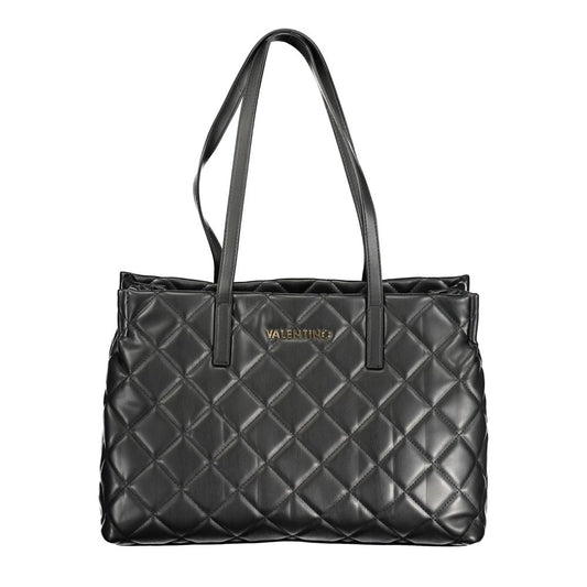 Valentino black handbag with quilted design, dual shoulder handles, central pocket, zip closure, and logo detailing.