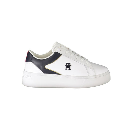 Tommy Hilfiger white polyester sneaker with laces, contrast details, logo print, perfect for sports footwear enthusiasts.