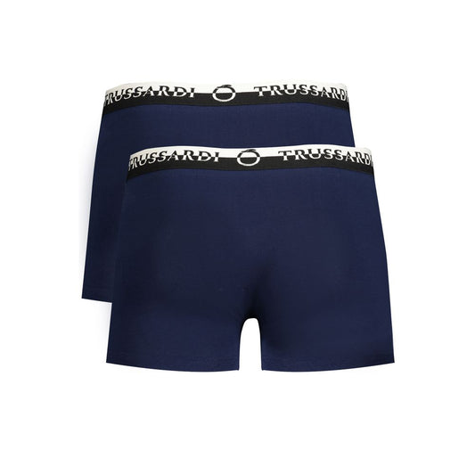 Trussardi blue cotton underwear bi-pack with logo print, featuring double elastic waistband and comfortable boxer fit.