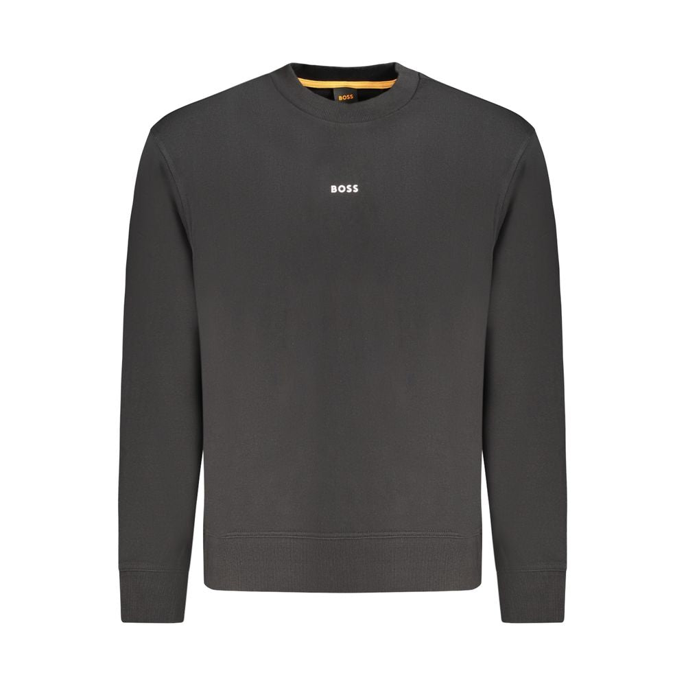 Hugo Boss Black Cotton Men Sweater with iconic logo, sleek crew neck, brushed texture for comfort, and bold print on the chest.