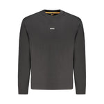 Hugo Boss Black Cotton Men Sweater with iconic logo, sleek crew neck, brushed texture for comfort, and bold print on the chest.