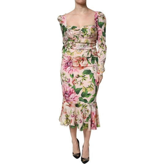 Dolce & Gabbana Pink Floral Silk Fit And Flared Midi Dress DR81612-46