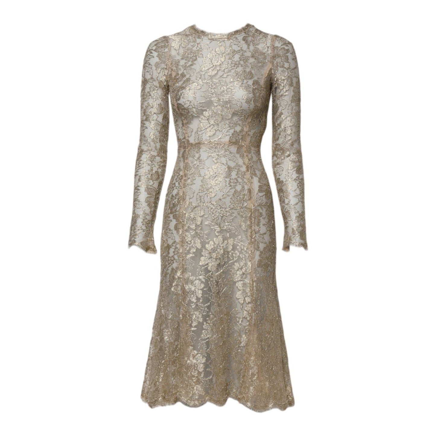 Dolce & Gabbana Gold Floral Lace Long Sleeves Fit & Flare Dress