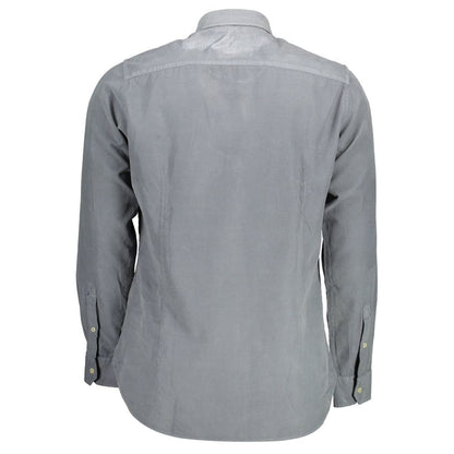 Back view of U.S. POLO ASSN. Blue Cotton Men Shirt, showcasing slim fit design and single-button cuffs for modern style.
