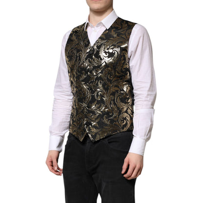 Dolce & Gabbana Black Gold Jacquard Formal Men Waistcoat Vest