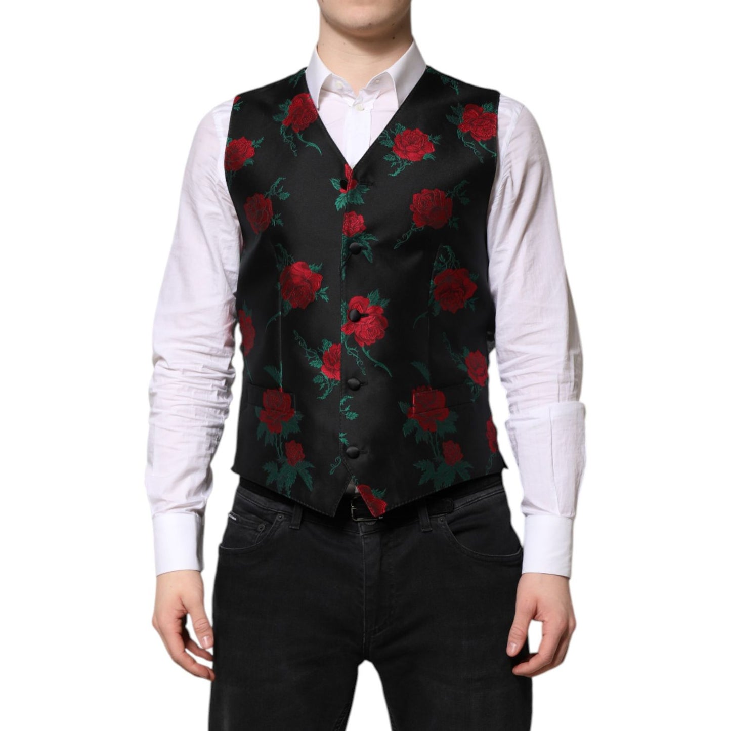 Dolce & Gabbana Red Floral Brocade Formal Men Waistcoat Vest