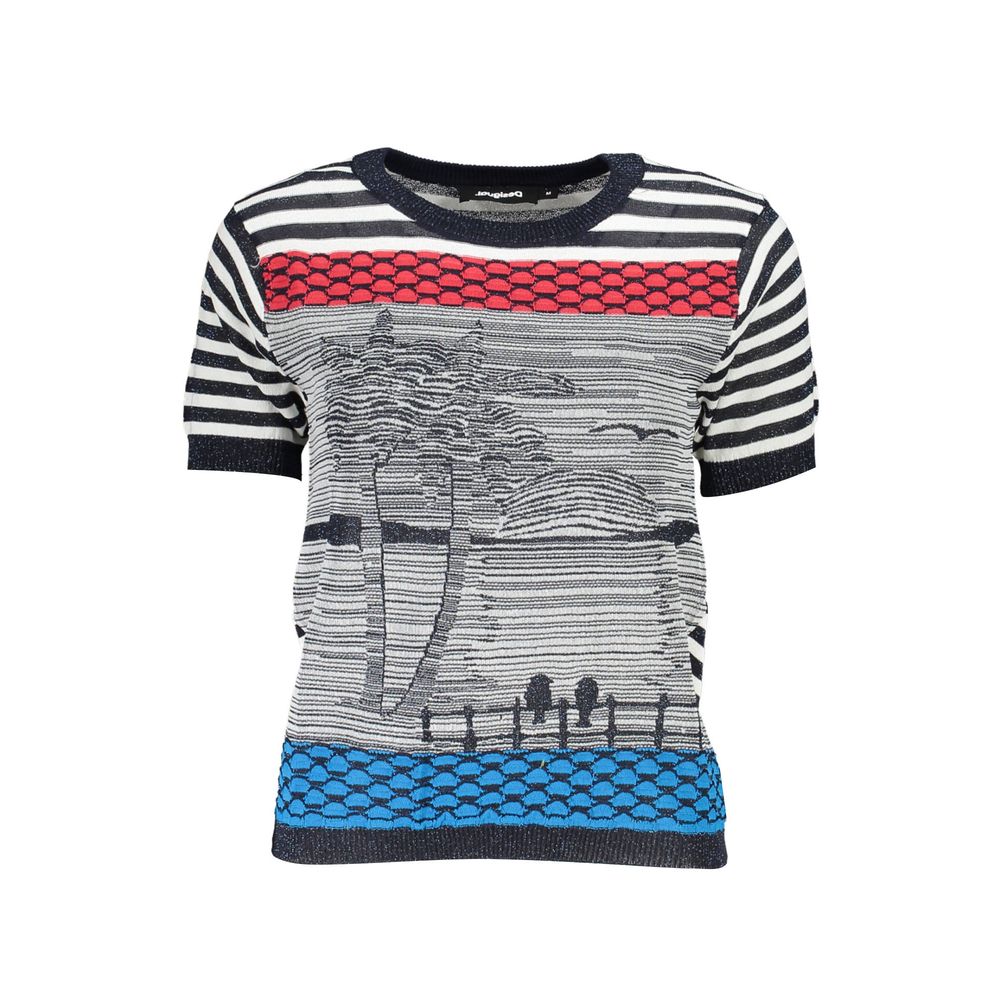 Desigual Blue Cotton Women Sweater with graphic print and stripes, featuring bold artistry and a sumptuous blend, perfect for a vibrant style.