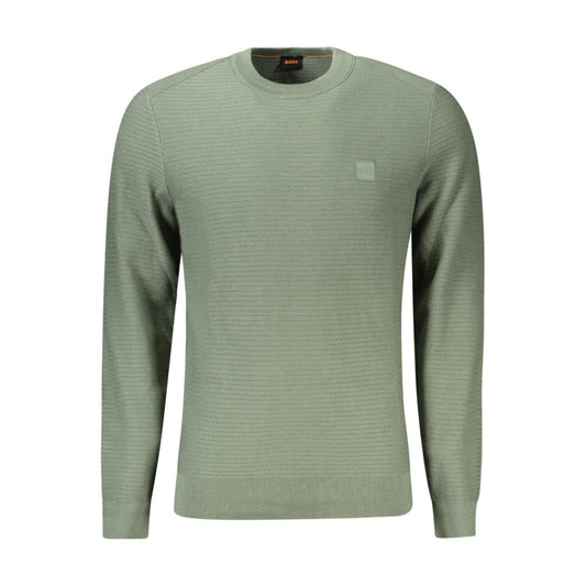 Hugo Boss Green Cotton Men Sweater, long-sleeved, crew neck with iconic logo, sophisticated and stylish design for trendsetters.