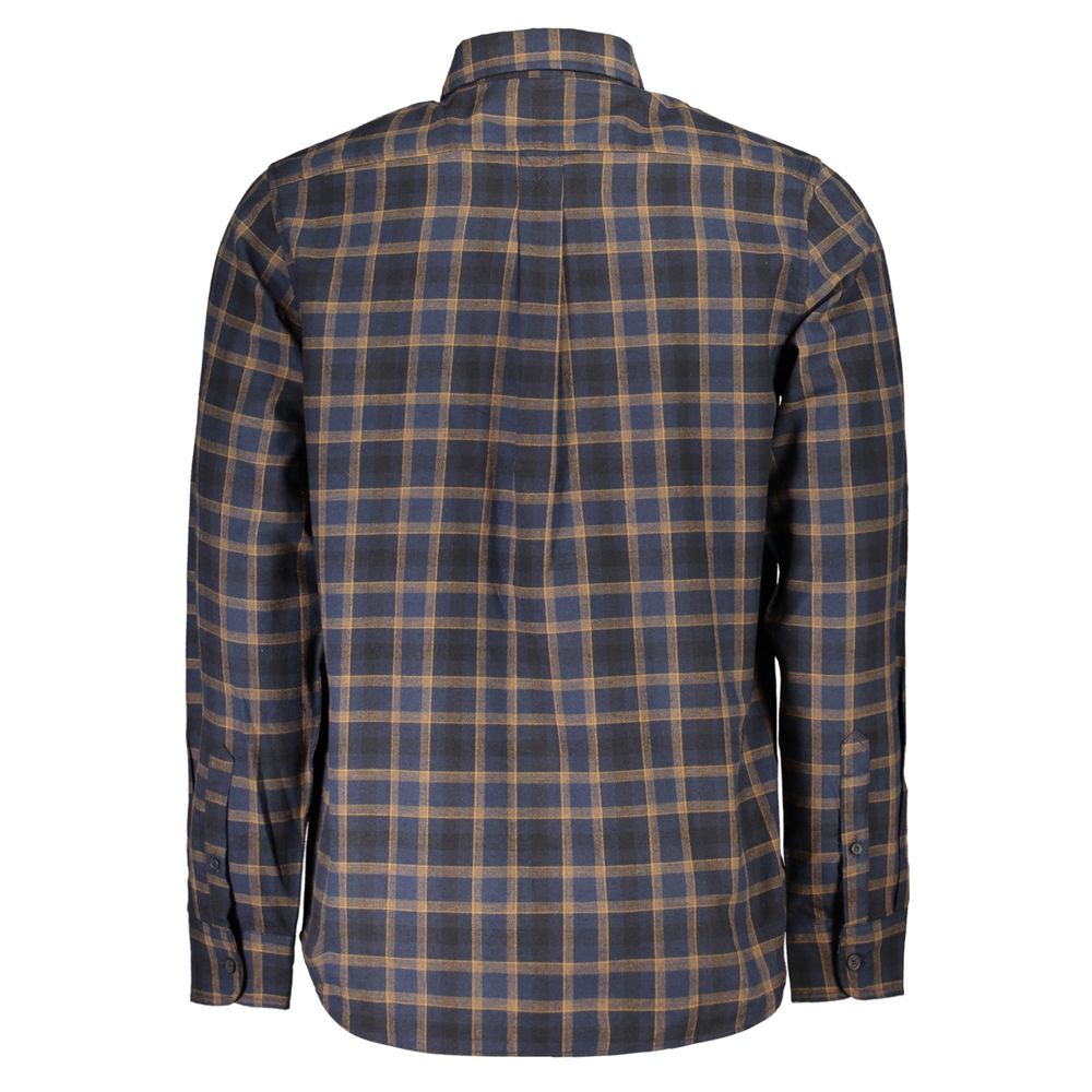 Timberland Blue Cotton Shirt with tartan pattern, long sleeves, regular fit, Italian collar, and logo embroidery