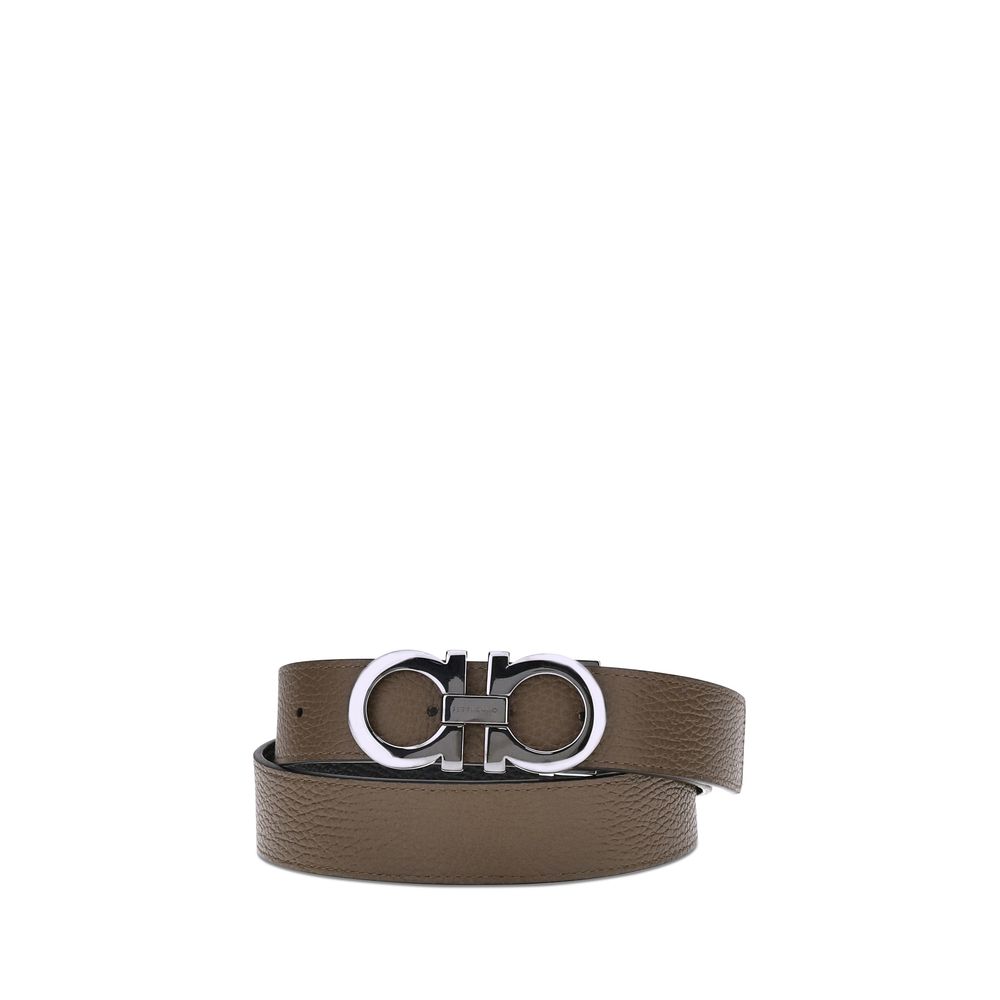 Ferragamo Brown Calf Leather Bos Taurus Regular Belt with Gancini buckle, reversible design for versatility, 3.5 cm thick.