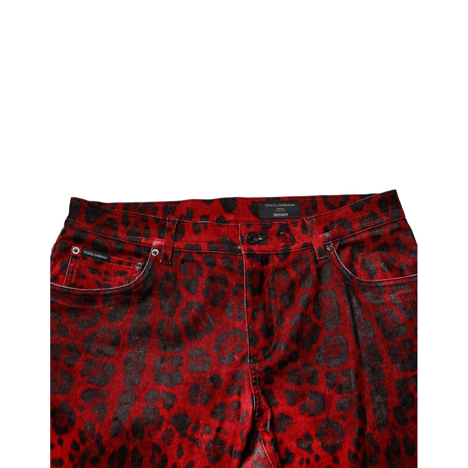Dolce & Gabbana Red Leopard Print Cotton Skinny Denim Jeans