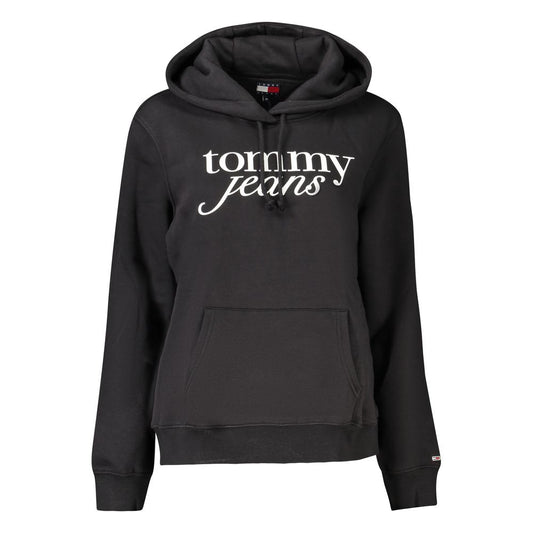 Tommy Hilfiger Black Cotton Women Sweater with logo, long sleeves, hood, and front pocket, perfect for casual and stylish occasions.