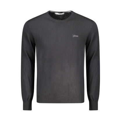 Guess Jeans Black Cotton Men Sweater with embroidered logo, long sleeves, crew neck, ideal for stylish wardrobe upgrade.