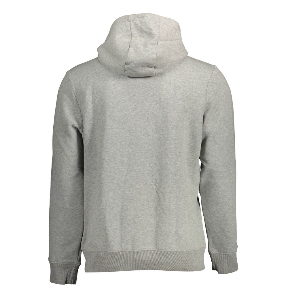 Back view of Napapijri Gray Organic Cotton Men Sweater showcasing its hood and soft fabric texture.