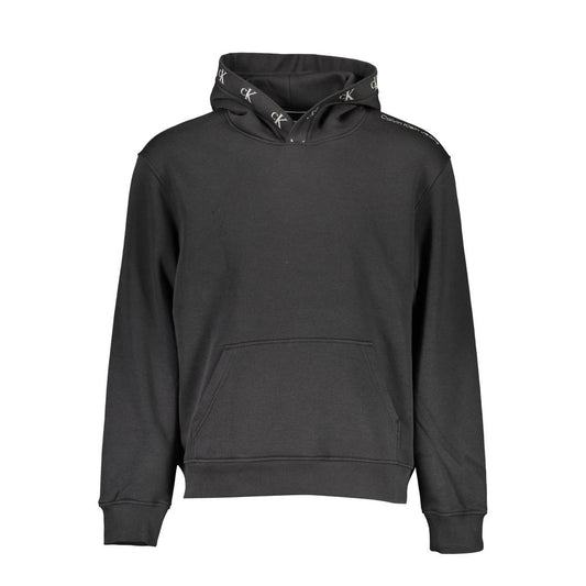 Calvin Klein Black Cotton Men Sweater with long sleeves and central pocket, featuring iconic logo and contrasting details for a stylish look.
