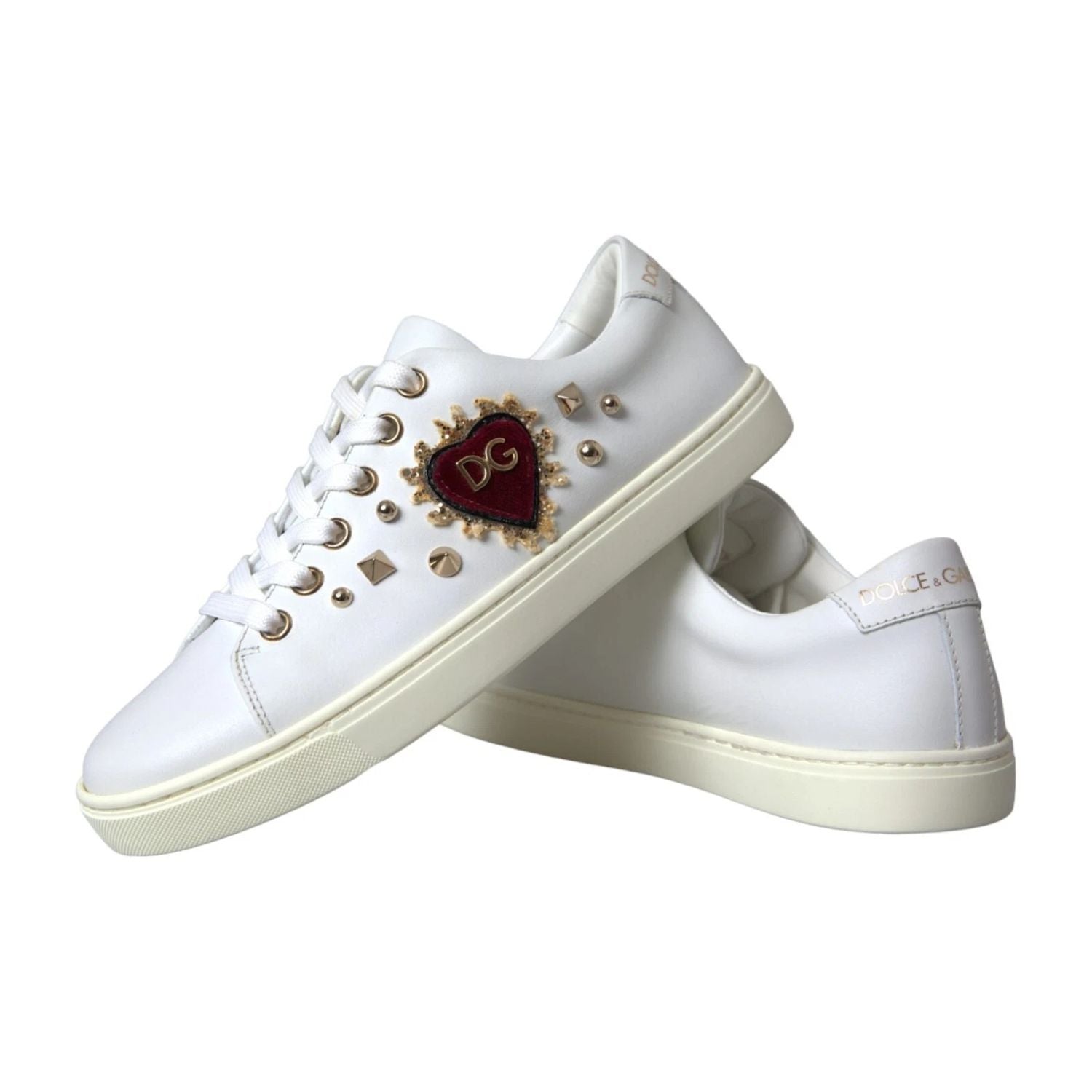 Dolce & Gabbana White Leather Gold Red Heart Sneakers Shoes