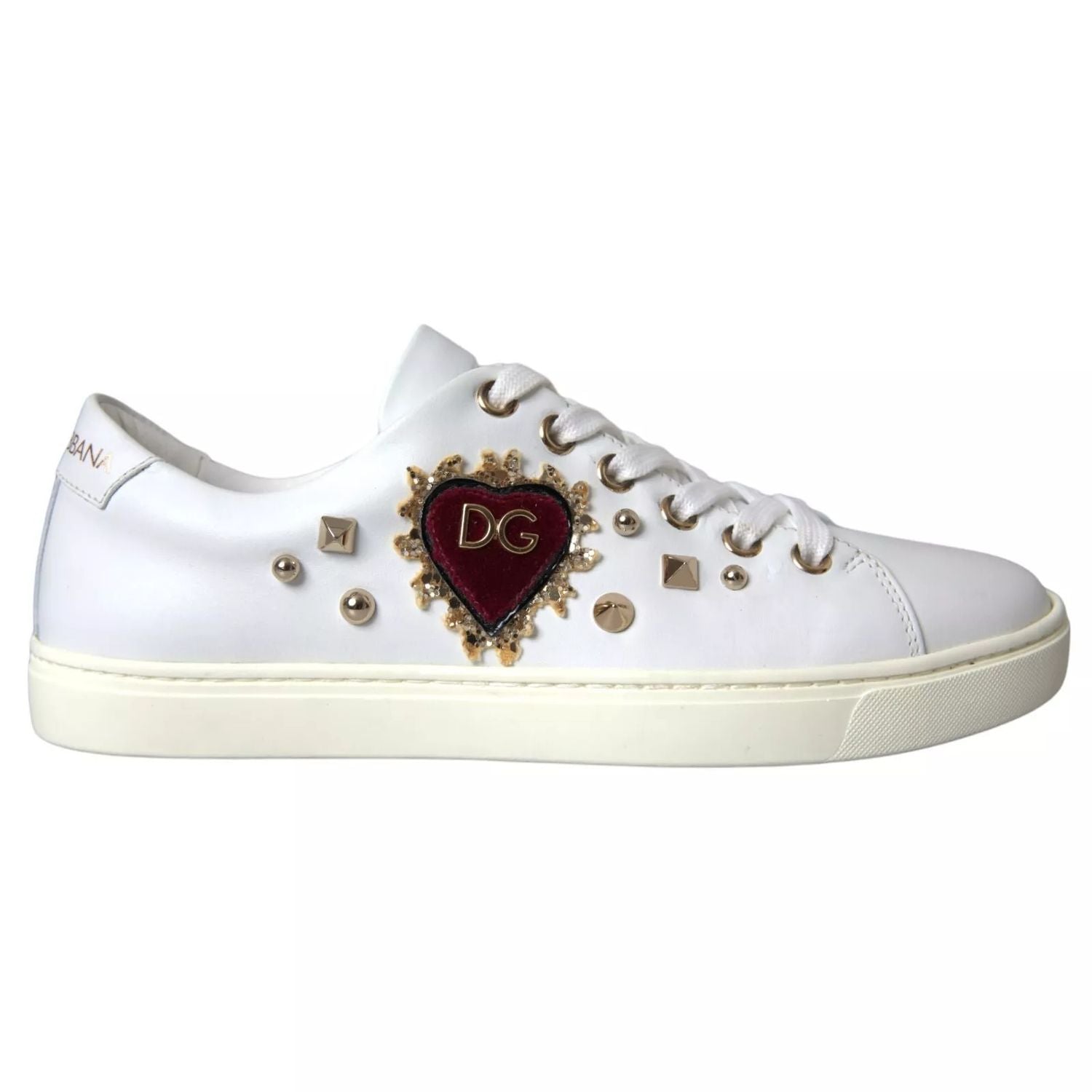 Dolce & Gabbana White Leather Gold Red Heart Sneakers Shoes