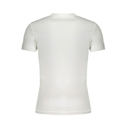Back view of Calvin Klein White Cotton T-Shirt, short sleeves, crew neck, logo print, made with 95% regenerative cotton.