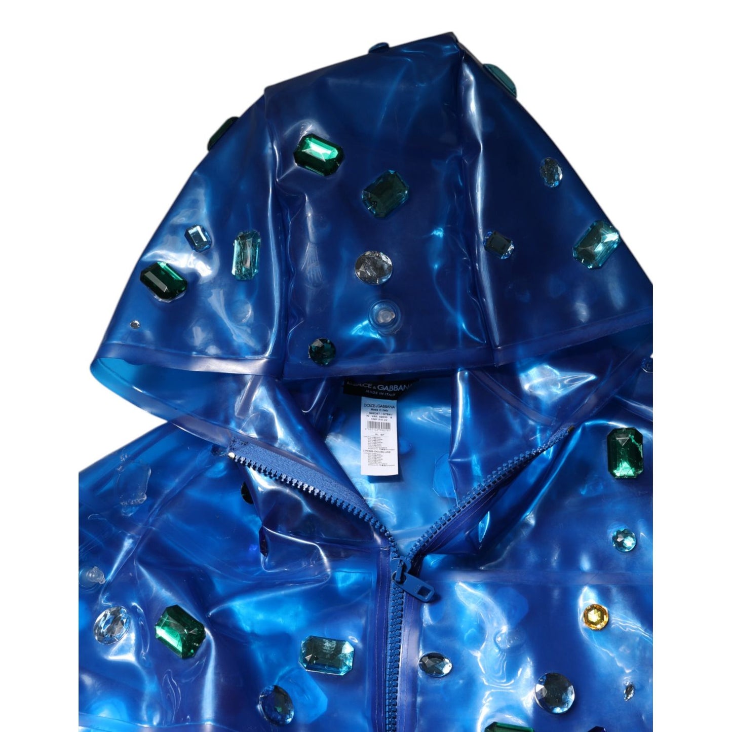 Dolce & Gabbana Blue Crystal Hooded Raincoat Jacket