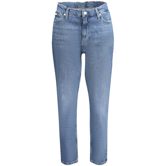 Calvin Klein Blue Cotton Women Jeans with vintage washed effect, made from 20% recycled cotton, featuring a classic five-pocket design.