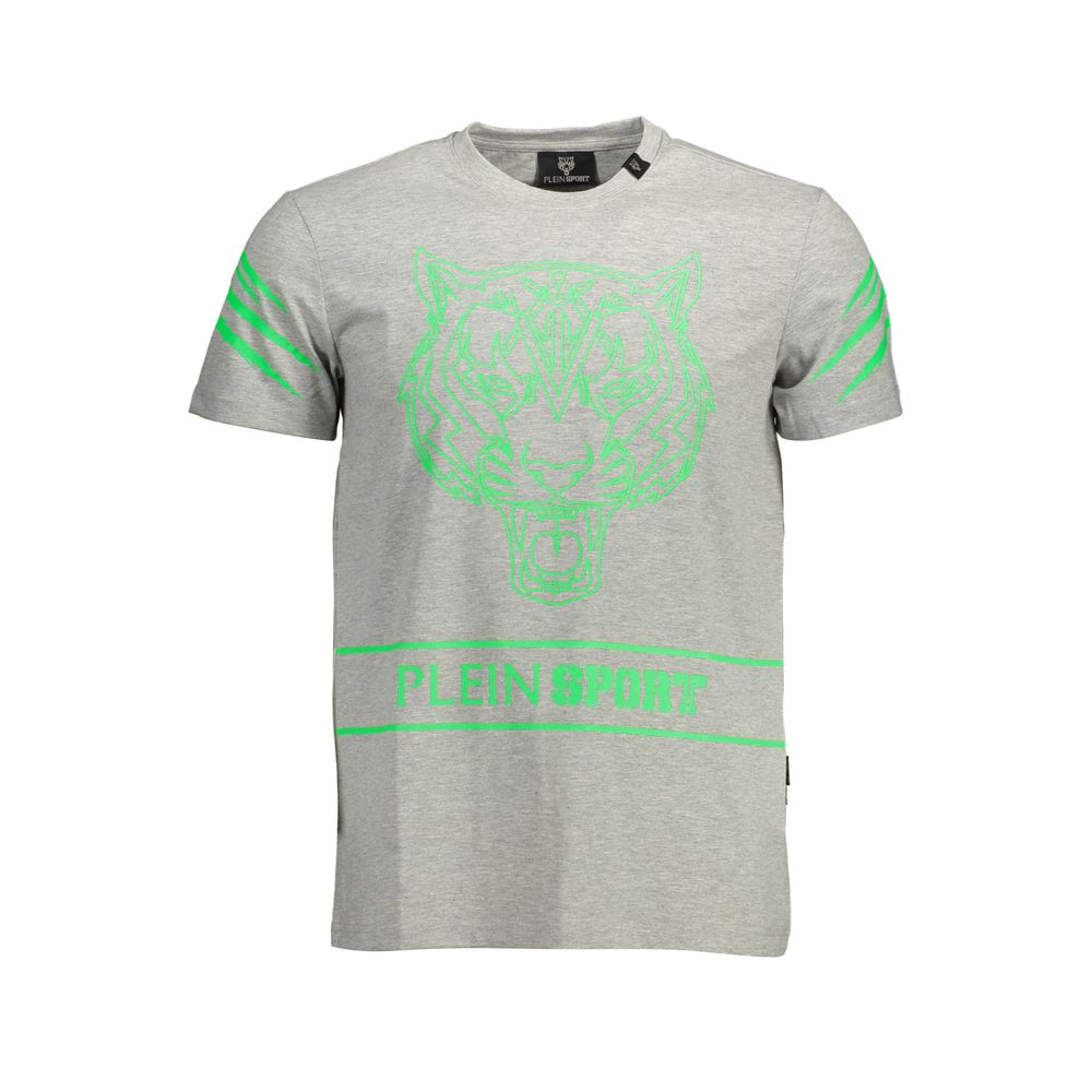 Plein Sport Brown Cotton Men T-Shirt with tiger print and logo on front view.