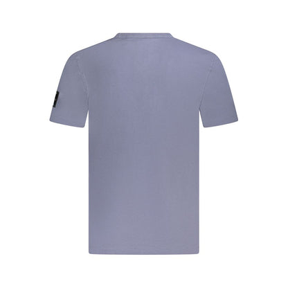 Back view of Calvin Klein Blue Cotton T-Shirt with short sleeves, crew neck, contrasting details, logo, made from regenerative cotton.