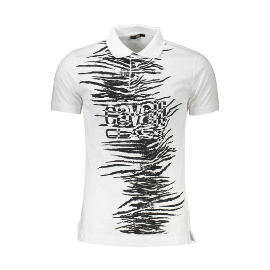 Cavalli Class White Cotton Men Polo Shirt with striking print and iconic logo, regular fit, short sleeve, modern trendsetter fashion.