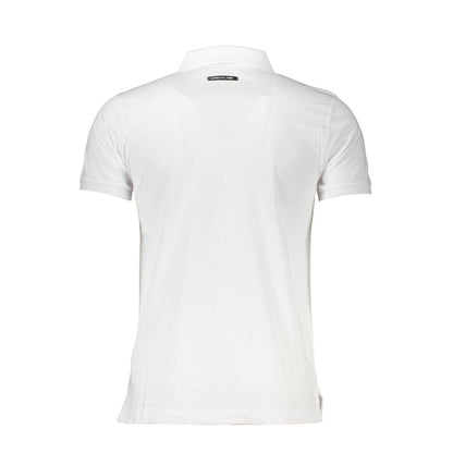 Back view of Cavalli Class White Cotton Men Polo Shirt, showcasing stylish design with iconic logo on crisp white fabric.