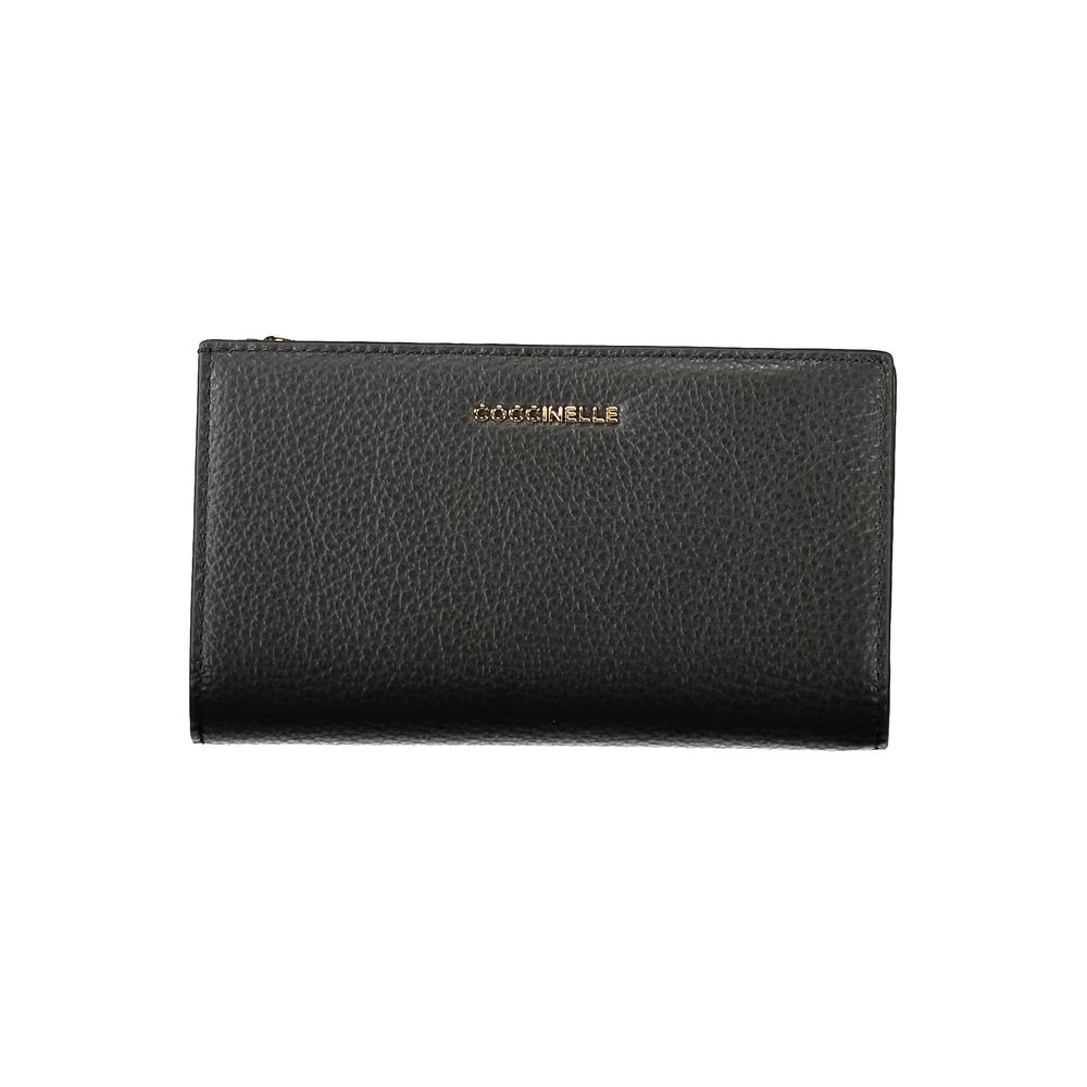 Coccinelle Black Leather Women Wallet with sleek design and metallic logo, featuring dual compartments and secure coin purse.