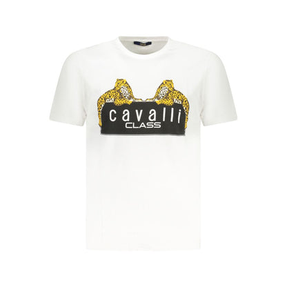Cavalli Class White Cotton T-Shirt with short sleeves, crew neck, and logo print